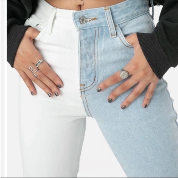 Stevens Color Block Jeans | MOM button fly  Raw Hem High Rise - Picture 10 of 14